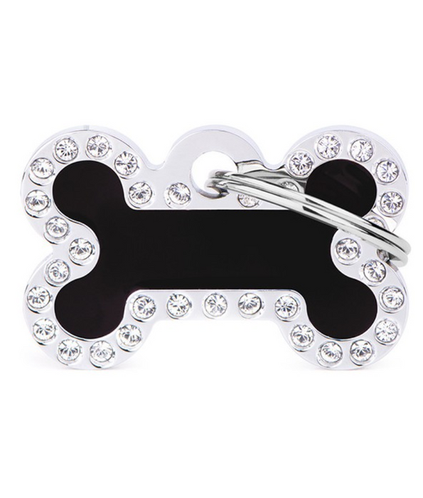 My Family Glam Small Bone Black ID Tag with Rhinestones